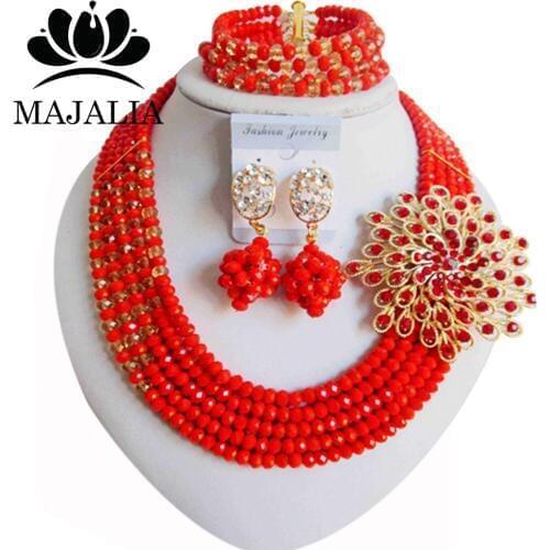Trendy orange red Nigerian wedding African beads jewelry set crystal necklace bracelet earrings 1003