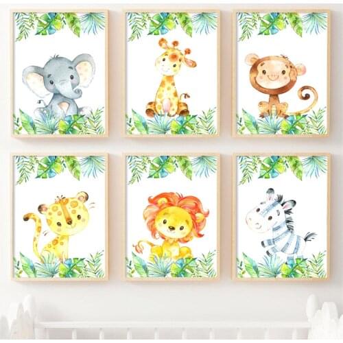 Tropical Jungle Safari Lion Giraffe Zebra Elephant Nursery Wall Art Canvas Painting Nordic Poster Decor Pictures Baby Kids Room