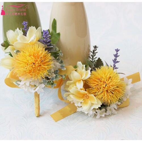 Bright Yellow Wedding Flowers Forset Fairy Bridesmaid Wrist Corsage Outstanding Groomman Boutonniere ZHF06