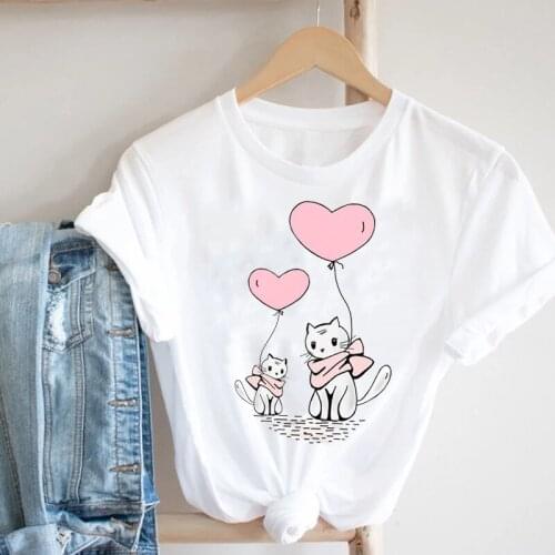Women 90s Heart Love Cat Pet Cartoon Valentines Day Spring Summer Fashion Clothes Print Tee Top Tshirt Female Graphic T-shirt