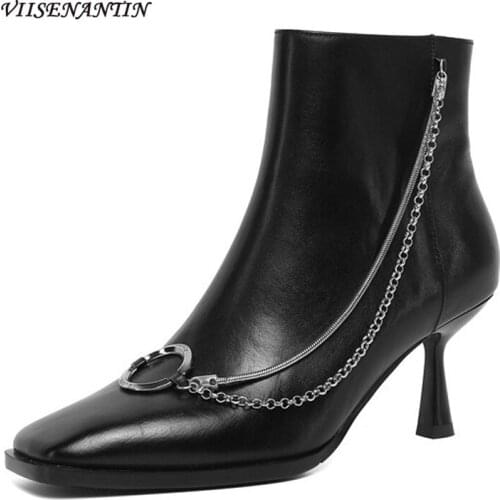 Mature Temperament New Chain Ankle Boots Women Stiletto High-heeled Square Toe Side Zipper Circle Ring Real Leather Shoes Women