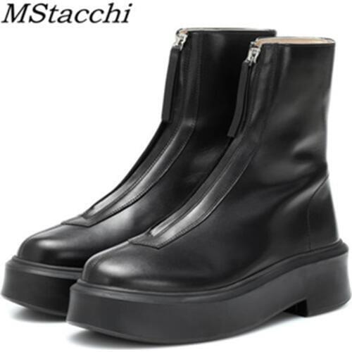 MStacchi Black Punk Slip On Platform Catwalk Sock Ankle Boots For Women Genuine Leather Fashion Front Zipper Shoes Buty Damskie