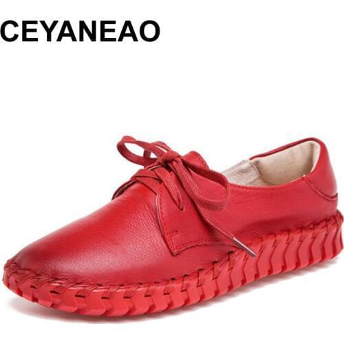 CEYANEAONew Handmade Genuine Leather women shoes Women Round Toe Lace-Up Casual Shoes Spring And Autumn Flat Loafers ShoesE1759