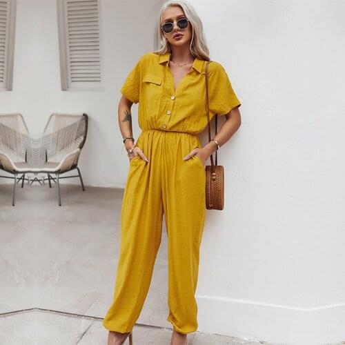 2021 Spring Summer New Loose Jumpsuits Women Casual Solid Color Turn Down Collar Fake Pocket Shirt Jumpsuits