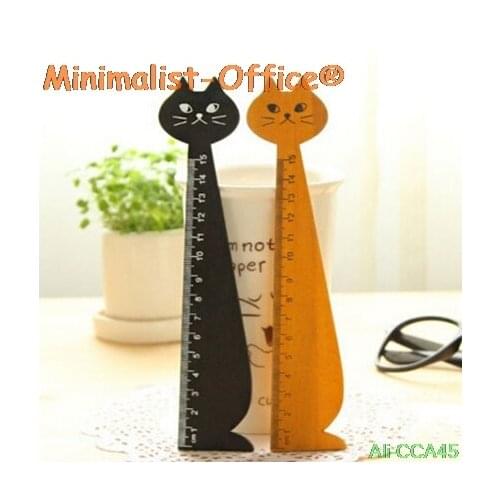15cm Lovely Cat Shape Ruler Cute Wood Animal Straight Rulers Gifts For Kids School Learning Supplies Stationery Black Yellow