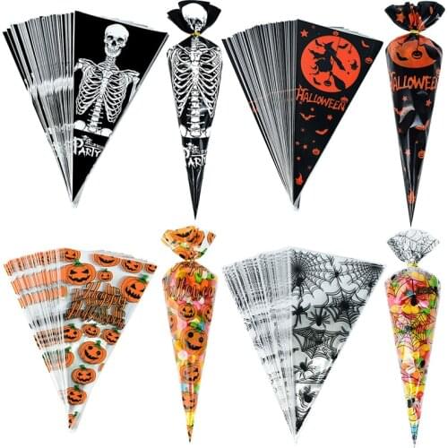 150Pcs 6.7''x17'' Halloween Pumpkin Skull Spiderweb Gift Bag Cone Candy Plastic Packing Bags Halloween Decoration Party Supplies