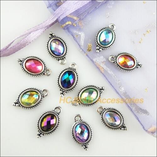 20Pcs Tibetan Silver Tone Oval Flower Mixed AB Acrylic Charms Pendants 9x17mm