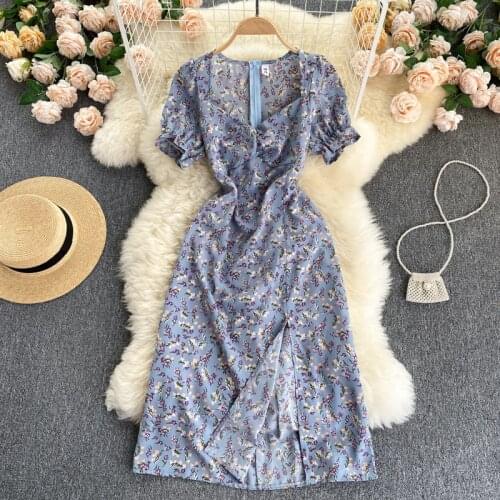 2021 summer womens new holiday style broken flower folds V-neck slim mid-length split dress