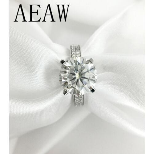 AEAW 3 Carat 9mm Round Cut FG Color Engagement&Wedding Moissanite Diamond Ring Platinum Plated Silver