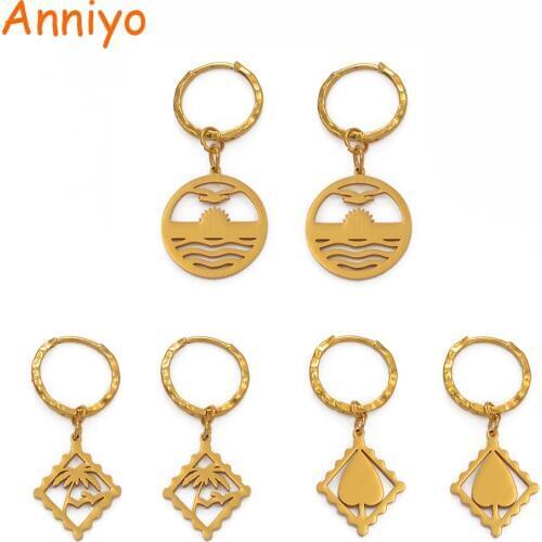 Anniyo Kiribati Heart Coconut Tree Earrings Women Girl Gold Color Stainless Steel Micronesia Engagemen Jewelry Gifts #062021