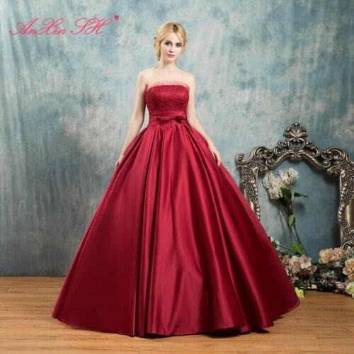 AXJFU princess wine red satin evening dress stage vintage bride strapless sleeveless big bow ball gown blue evening dress