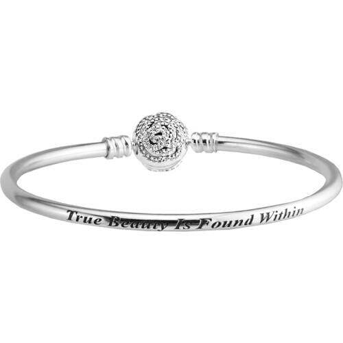 Beauty & The Beast Bangle Rose Clasp Bracelets For Woman DIY Beads & Charms Authentic Sterling Silver Fashion Jewelry Bracelets
