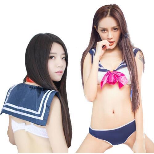 Candiway Sexy costume Role Play Schoolgirl Outfit Babydoll Mini Uniform with Tie Navy bikini