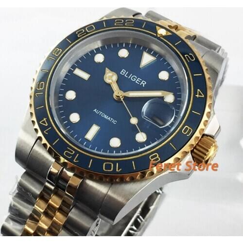 40mm Bliger Mens Top Casual Business Watch Sapphire Glass Ceramic Bezel blue Dial Date Luminous NH35 Mens Automatic Watch