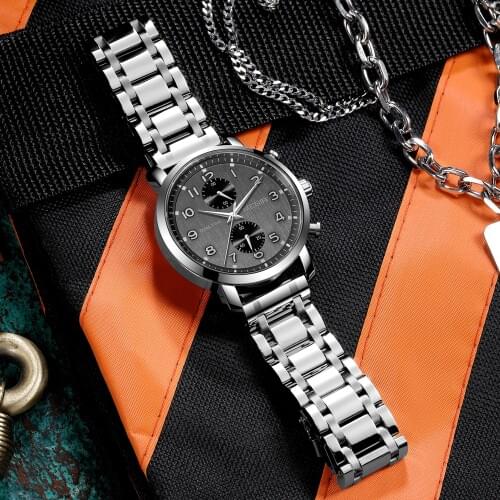 MEGIR Stainless Steel Quartz Wrist Watches for Man Grey Dial Waterproof Chronograph Business Watch Men Clock Relogio Masculino