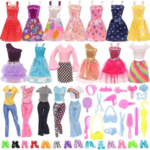 Cheap 48 Item for Barbie Doll 15 Fashion Dress 5 Set Tops and Pants 18 Accessories 10 Shoes DIY Dressing Game Kids Girl Toys