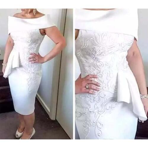 Knee Length Mother Of The Bride Dresses Sheath Off The Shoulder Appliques Plus Size Short Groom Mother Dresses For Weddings