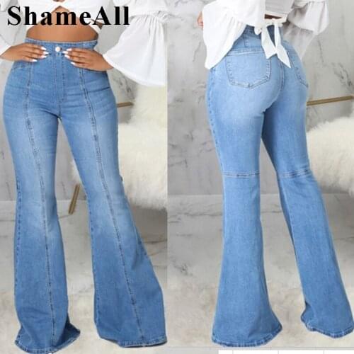Plus Size High Waist Striped Light Blue Flare Jeans 3XL Indie Aesthetic Pockets Patchwork Wide Leg Stretchy Denim Bell Bottoms
