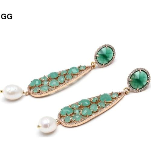GG Jewelry Natural Cultured White Rice Keshi Pearl Bezel Sets Green Cats Eye Flower Connector CZ Pave Stud Earrings For Women