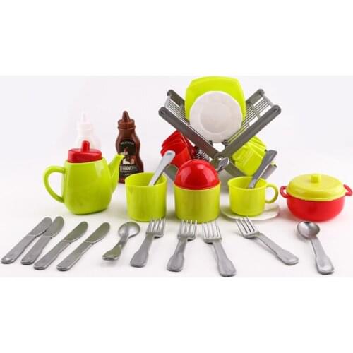 Pretend Play Dishes Playset - Cups, Cutlery, Pot, Dish & Drainer, Set of 34 Pretend Play Dish Drainer Toy Miniature Tableware