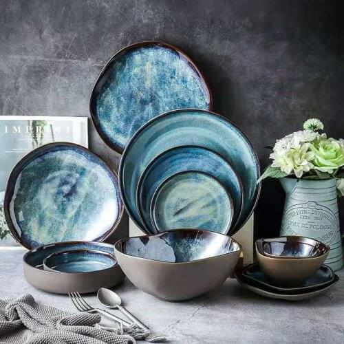 Reactive Glaze Starry Blue Nordic Ceramic Plate Serving Round Tray Decorative Salad Dessert Plate Porcelain Tableware Dinner Set