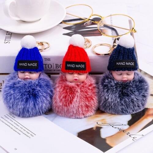 Cute Cartoon Sleeping Baby Doll Keychains Fur Ball Plush Fluffy Key Ring for Women Men Bag Pendant Car Key Holder Toys Kids Gift