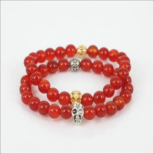 Fashion skull head men charm stretch bracelet natural 8mm black/red stone round lava stone beads women bracelet