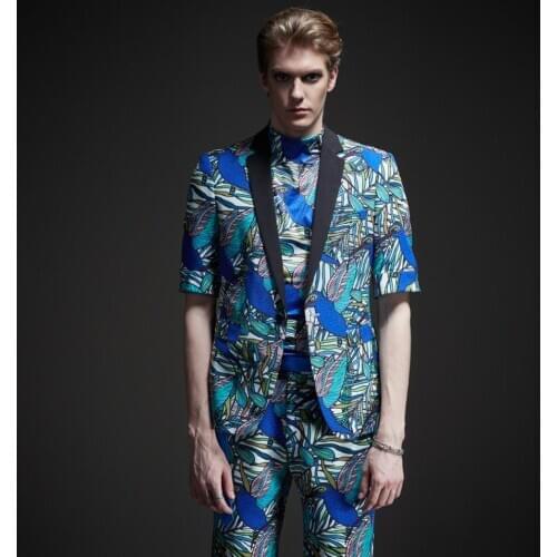 Free Shipping New Mens male 2019 Night shine autumn short sleeve printed suit blazer BY183106070 and shorts BY183115071 set