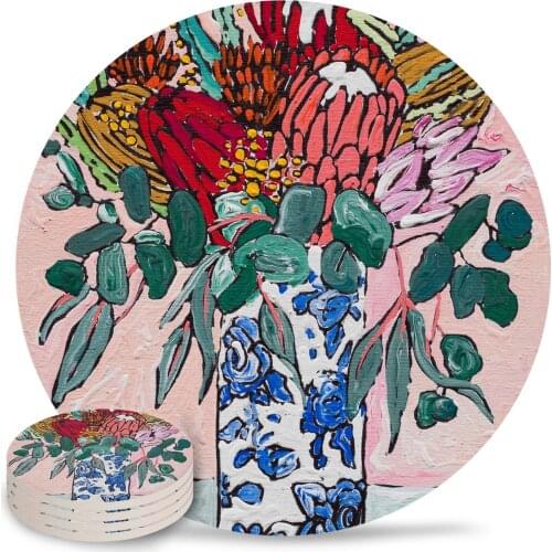 Vase Bouquet Watercolor Painting Round Coaster Set Non-slip Heat Proof Ceramic Coffee Drink Coasters Table Decoration Placemats