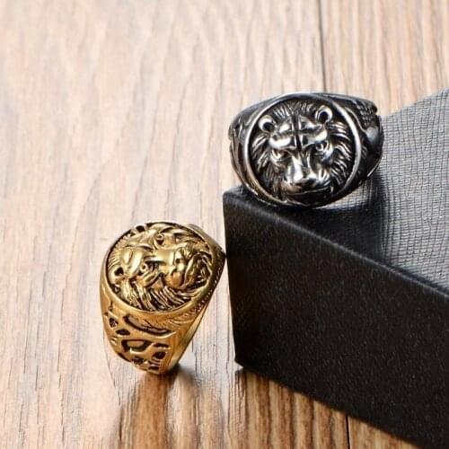 New Retro Mens Lion Head Ring Fashion Punk Style Round Animal Jewelry Domineering Hip-Hop Party Popular Ring Accessories