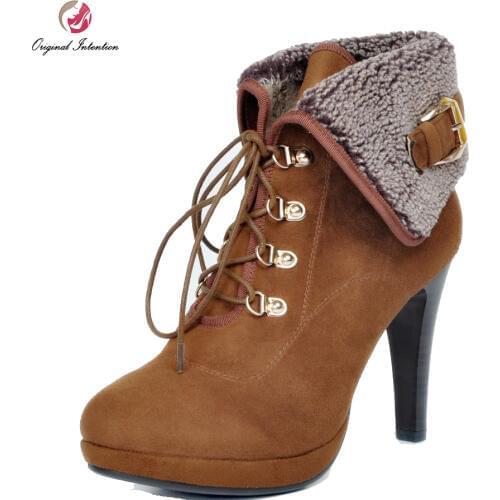 Original Intention New Concise Women Ankle Boots Nice Platform Thin Heels Cool Brown Grey Shoes Woman Plus US Size 4-15