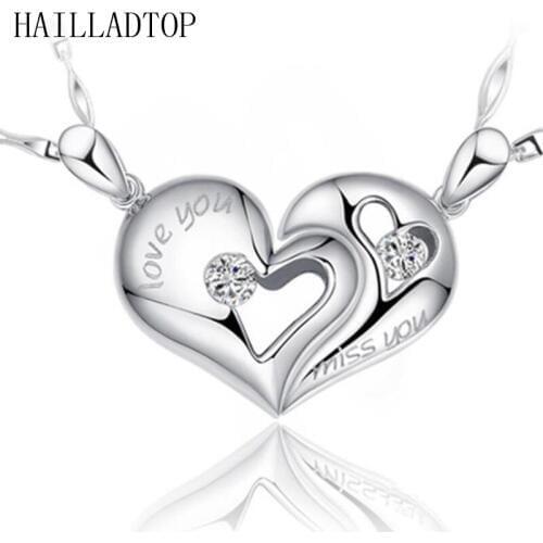 HAILLADTOP Double Heart Alloy Couple Necklace Heart Pendent Silver Plated Charm Pendent With Chain Best Gift for Lover