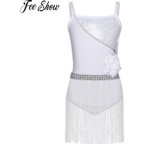 Sexy Sequin Sleeveless Latin Dance Dress Girls Children Kids White Dress Ballroom Rumba Salsa Tango Dance Tassel Dress