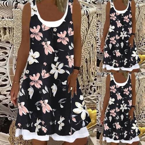 Fashion Casual Sleeveless Tank Dress Fake Two-Piece Floral Printed Dress For Summer Round Neck Ruffle Loose Straight Dress D30