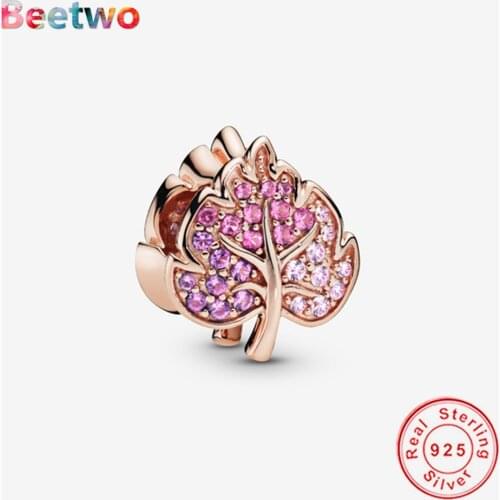 Fit Original Pandora Charms 925 Sterling Silver Bracelet Sparkling Pave Leaf Charm Rose Gold Charm Bead Jewelry Berloque