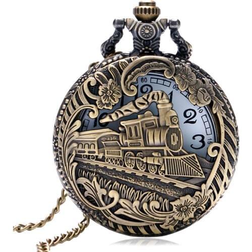 Retro Hollow Steam Train Front Locomotive Pattern Pocket Watch Bronze Pendant Quartz FOB Men Women Chain Necklace Top Gifts 2020