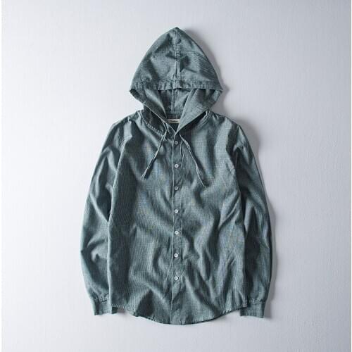 2020 Spring New Model Imitation Linen Cotton Striped Mens Shirt Youth Loose Hooded Simple Long-Sleeved Shirt