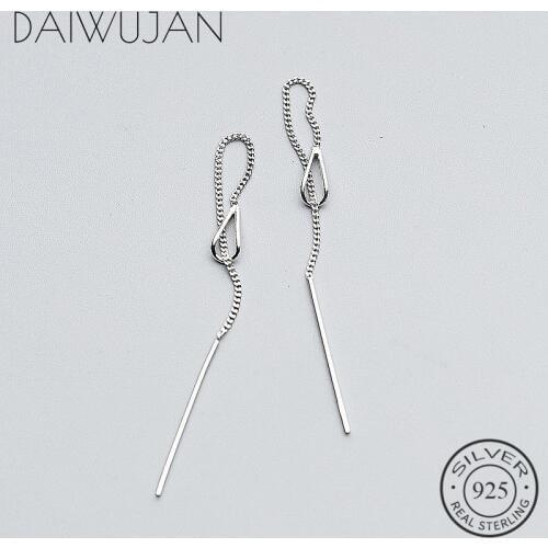 DAIWUJAN Classic Real 925 Sterling Silver Slim Chain Tassel Earrings Elegant Stick Bar Long Drop Earrings Fine Jewelry For Women