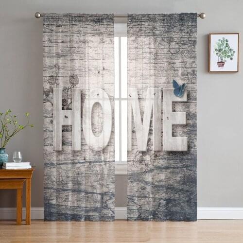 Wood Grain Retro Home Word Shabby Tulle Curtain Voile Transparent Tulle for Bedroom Living Room Kitchen Sheer Window Curtains