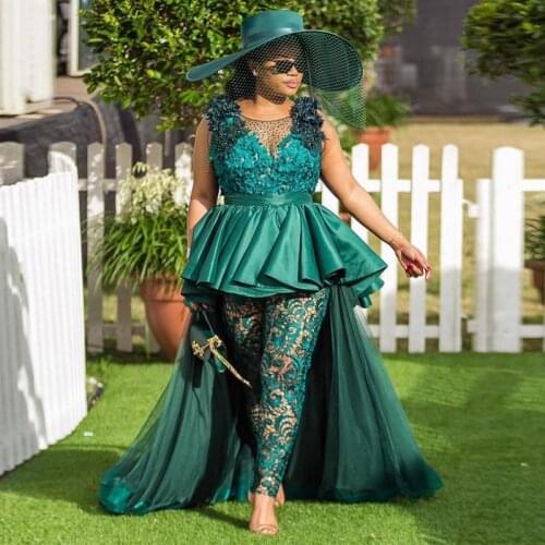 Dark Green Jumpsuit Evening Dresses Overskirt O Neck Lace Beaded Outfit Prom Dress Plus Size High Low Evening Gowns