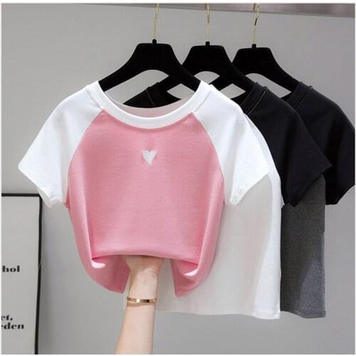 2021 Summer Womens T Shirt Top Korean Embroidery Skinny Tee Shirts Femme Solid Short Sleeve Slim Elastic Crop Tops Short Tees