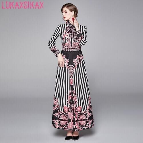 2020 New Spring Autumn Women Dress High Quality Fashion Vertical Stripes Flowers Print Runway Dress Elegant Long Dress