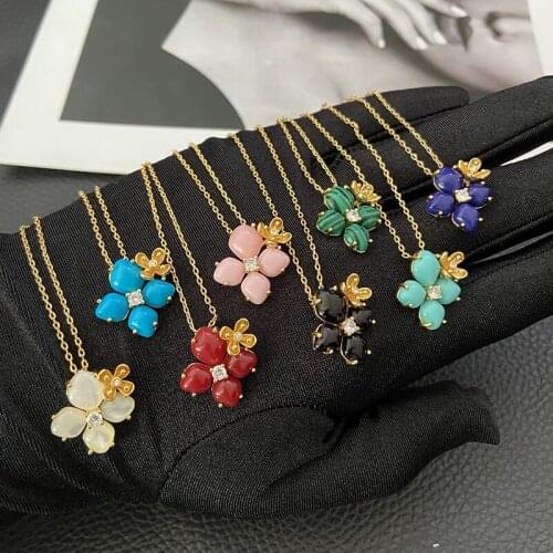 Brand Pure 925 Sterling Silver Jewelry For Women Sakura Flower Neckalce Cherry Flower Pendant Luck Clover Wedding Party Necklace