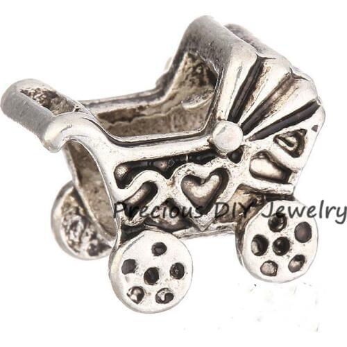 2pcs Silver Big Hole Loose baby carriage European Spacer Beads Style Charms DIY Bead Fit Braclets Chain DKZ005