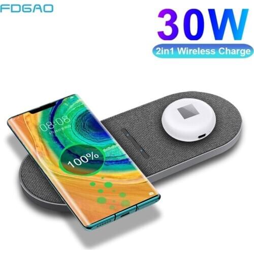 2 in 1 30W Dual Wireless Charger for Samsung S20 S10 Buds Double 15W Fast Qi Charging Pad for iPhone 12 11 XS XR X 8 Airpods Pro