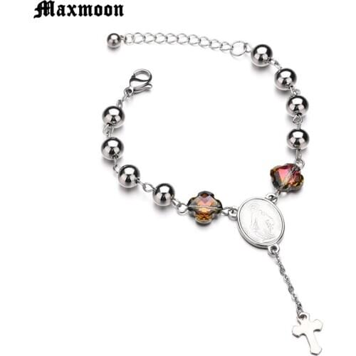 Maxmoon Wholesale Rosary Centerpiece Sacred Heart of Mercy Jesus Saint Icons Religious Center Rosario Bracelet free shipping
