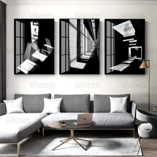 Black and White Wall Art Modern Abstract Building Light Canvas Painting Posters and Prints Living Room Decor Home Decor Pictures