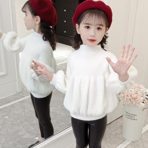 Kids Fashion Lantern Sleeve Knitwear Girls Autumn Winter Thick Soft Knitted Sweater Childrens Princess Pullovers Clothes B300