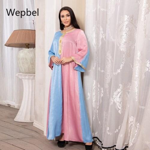 Wepbel Long Dubai Dress Turkey Kaftan Muslim Abaya Women Islamic Clothing Wear Arabic Robe Dress V-neck Patchwork