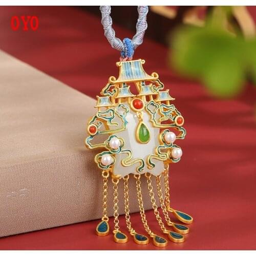 Ancient gold S925 sterling silver gold-plated inlaid Hetian white jade smoked purple jade safe buckle vintage tassel sweater cha